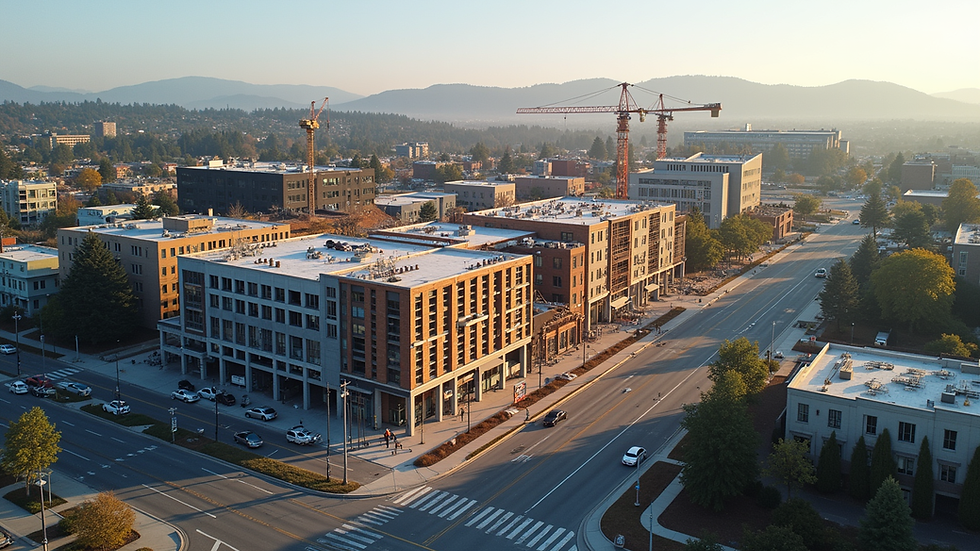 High angle view of mixed-use development under construction in Tacoma Hilltop