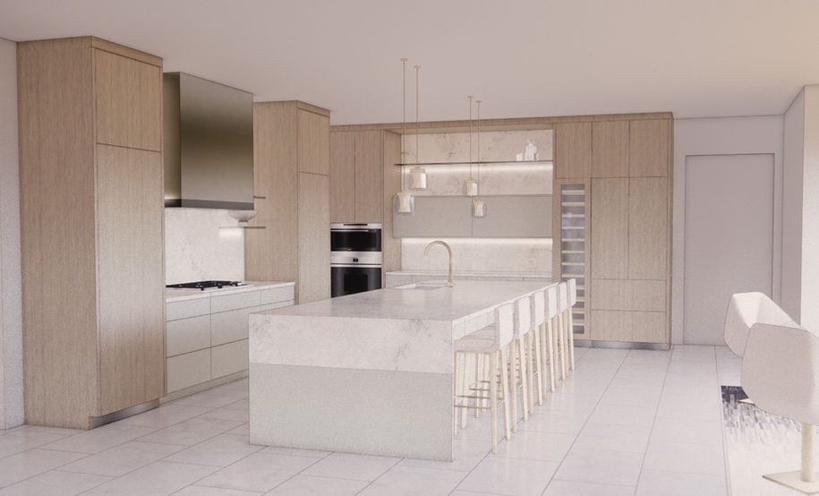 Proposed layout + design featuring partial waterfall island design.