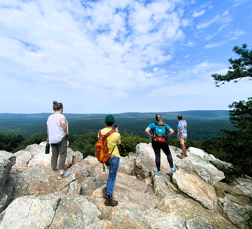 Hikers viewing the landscape from a mountain lookout