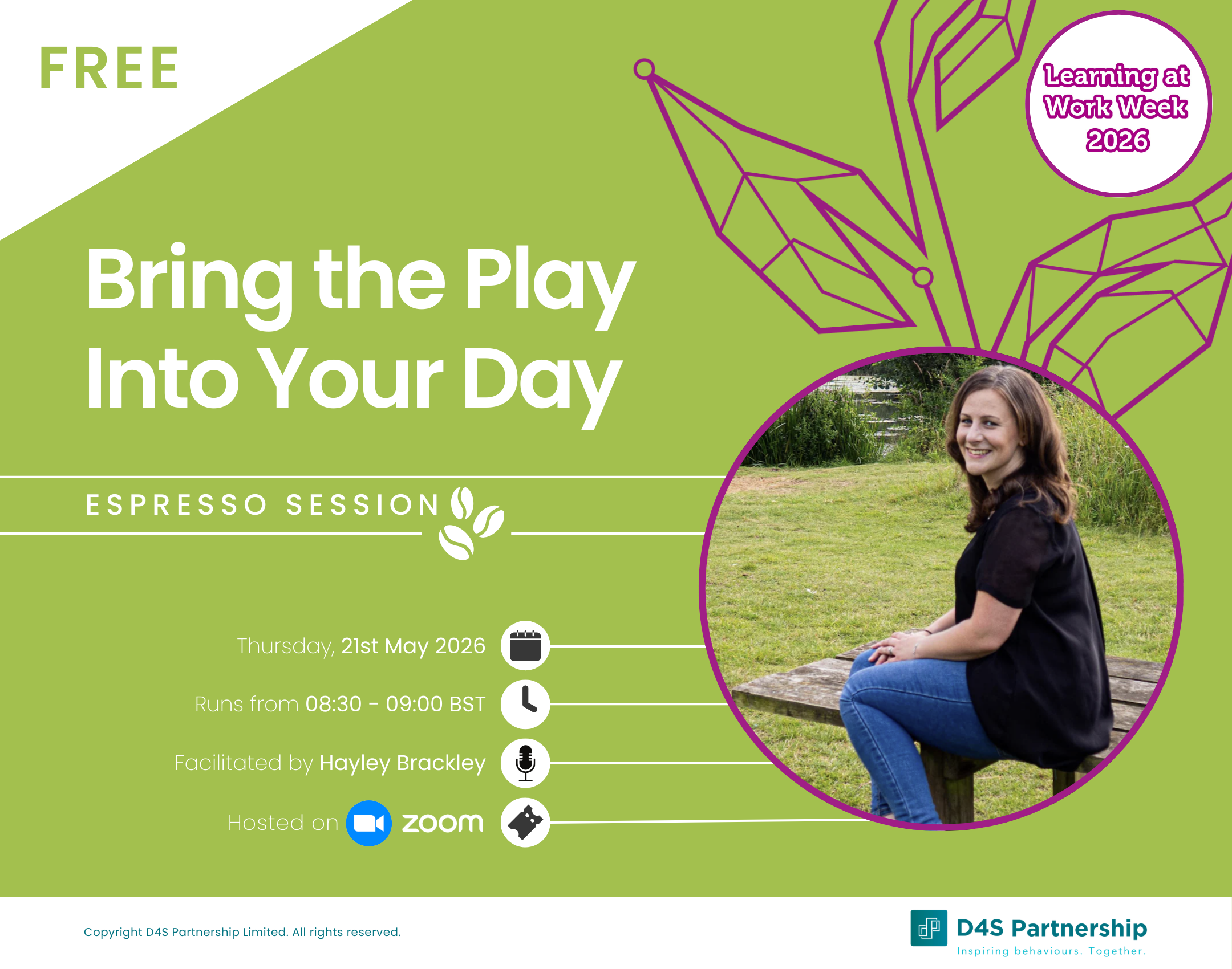 The Banner for Bring the Play Into Your Day, showing Learning at Work Week branding and details for date, time, and facilitator name