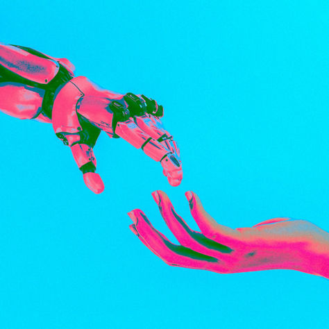 An android hand reaching out to grip a human hand on a vivid blue background