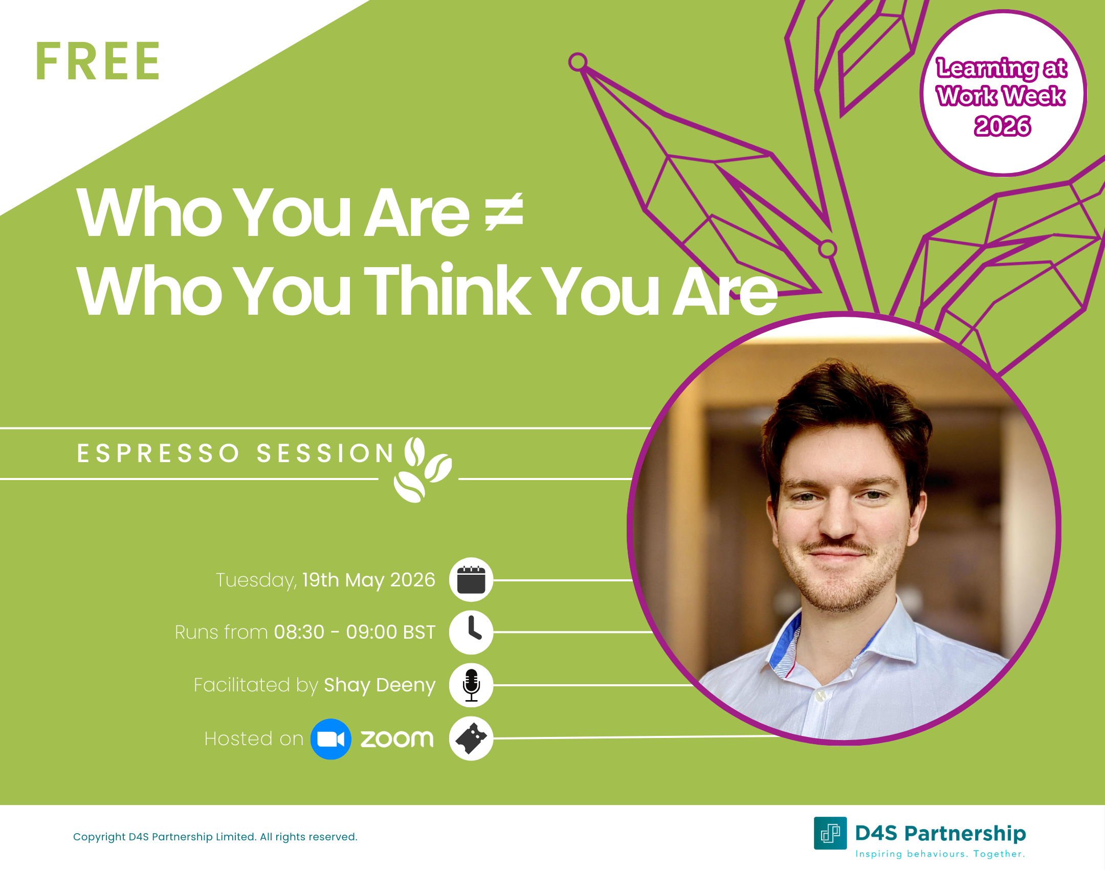 The banner for Who You Are / Who You Think You Are, showing Learning at Work Week branding and details for date, time, and facilitator name, on a green background