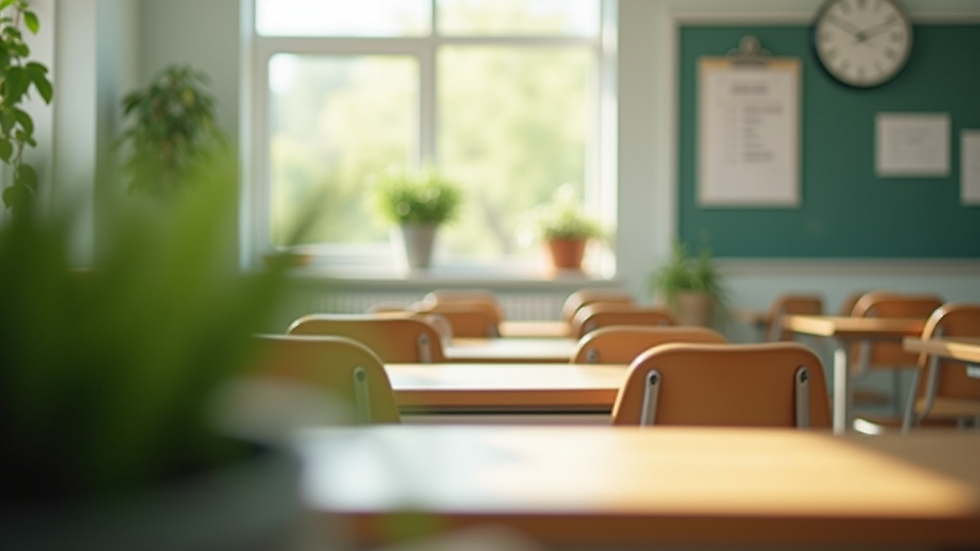 Eye-level view of a serene classroom environment with plants and natural light