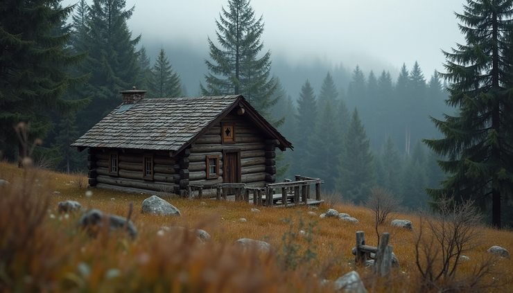 High angle view of a rustic mountain cabin surrounded by pine trees