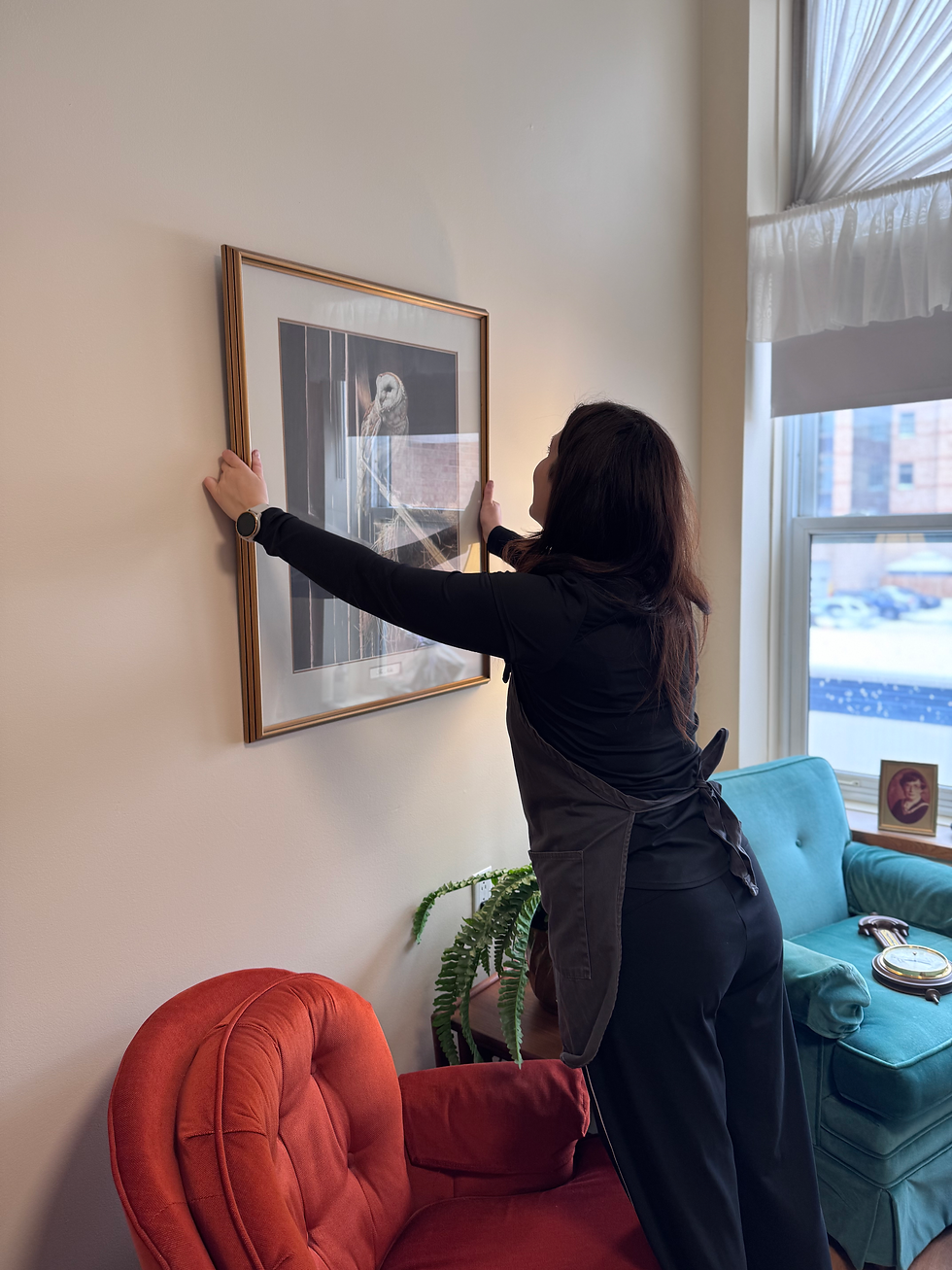 Our team stepped into help with this downsizing journey. We made sure to include this client's love for owls in the design and set-up.