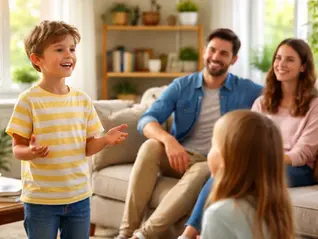 Child standing and speaking confidently in front of family in a cozy home setting"