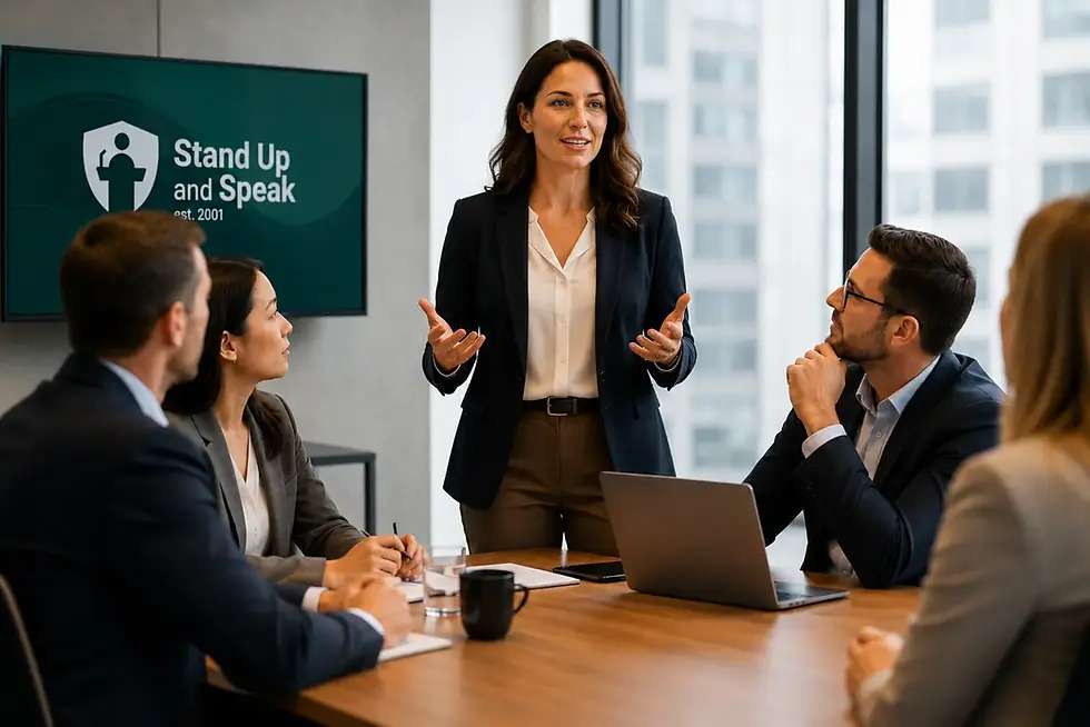 Professional improving executive presence while speaking confidently in a business meeting
