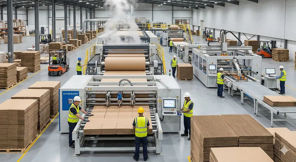 Corrugated packaging production line with board converting machinery