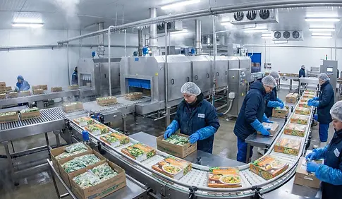 Frozen food manufacturing facility with workers packaging prepared meals on an automated processing line