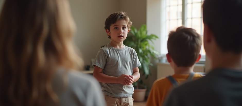 Eye-level view of a child confidently speaking in front of a small group