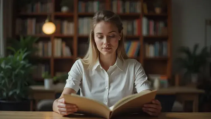 Eye-level view of a person reading aloud with expressive voice