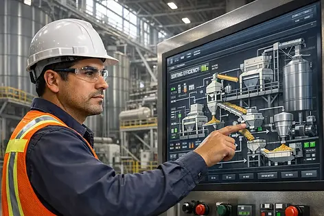 Agri-food automation engineer in safety gear operating a large industrial HMI touchscreen inside a modern grain processing facility, with silos, conveyors, and bulk handling systems visible in the background, displaying real-time sorting efficiency and grain flow diagrams