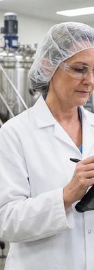 A quality assurance professional reviews digital production data in a regulated manufacturing facility while technicians operate filling and packaging equipment in the background.