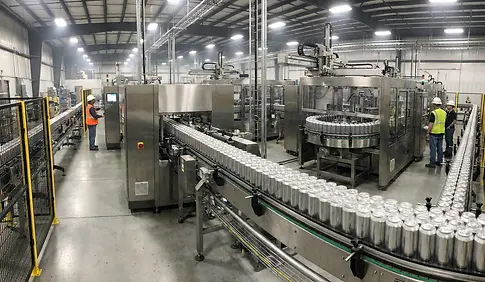 Aluminum packaging manufacturing facility producing beverage cans on a high-speed production line