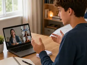 Teenage boy confidently presenting, attending an online public speaking class