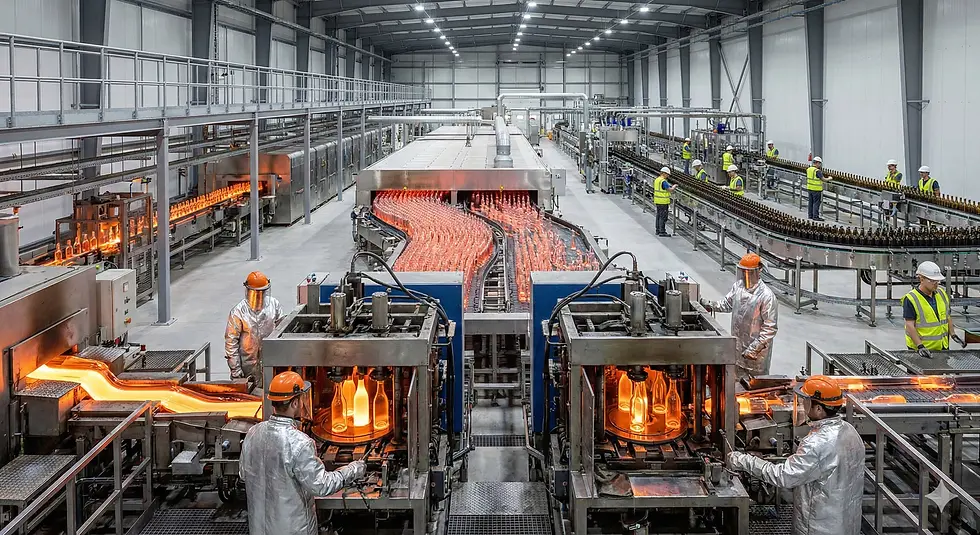 Glass packaging manufacturing line producing bottles and containers