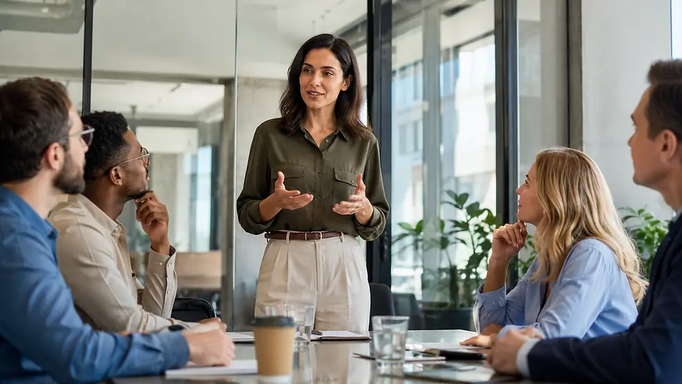 Adult professional speaking confidently in a business meeting without trying to sound perfect