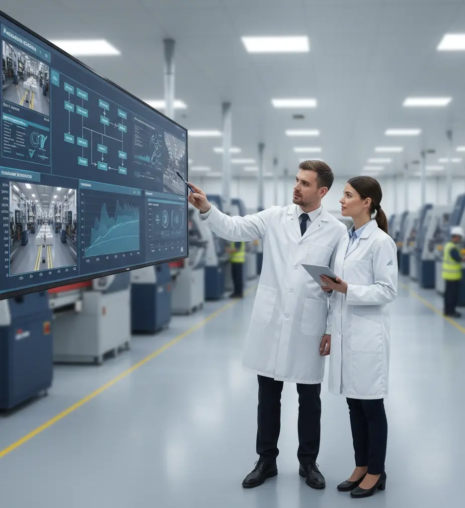 Packaging engineers reviewing production data and performance metrics in a modern manufacturing facility