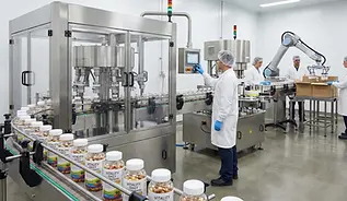 Workers running an automated nutraceutical filling and packaging line with robotic case packing.