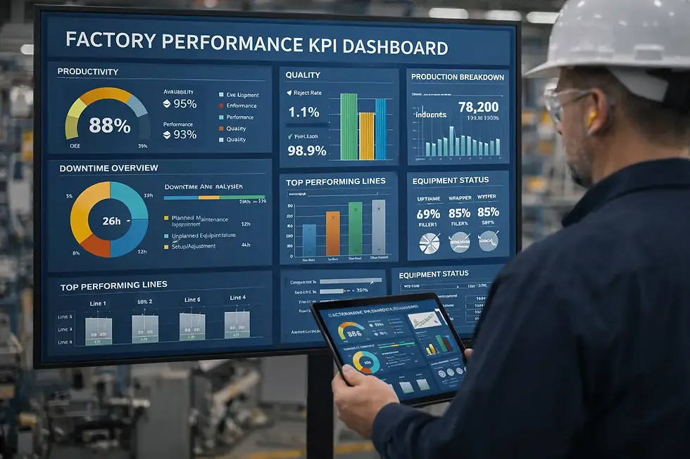 Engineer reviewing factory KPI dashboard showing production, quality, and equipment performance metrics in a manufacturing environment