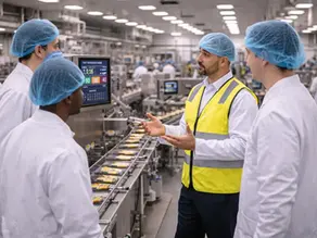Food Production Supervisor in PPE speaking with operators beside an active production line in a clean food manufacturing plant