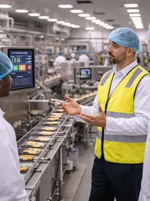Food Production Supervisor in PPE speaking with operators beside an active production line in a clean food manufacturing plant