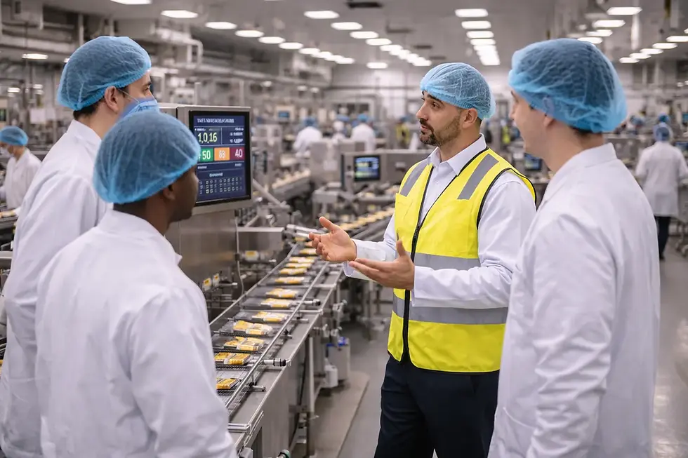 Food Production Supervisor in PPE speaking with operators beside an active production line in a clean food manufacturing plant