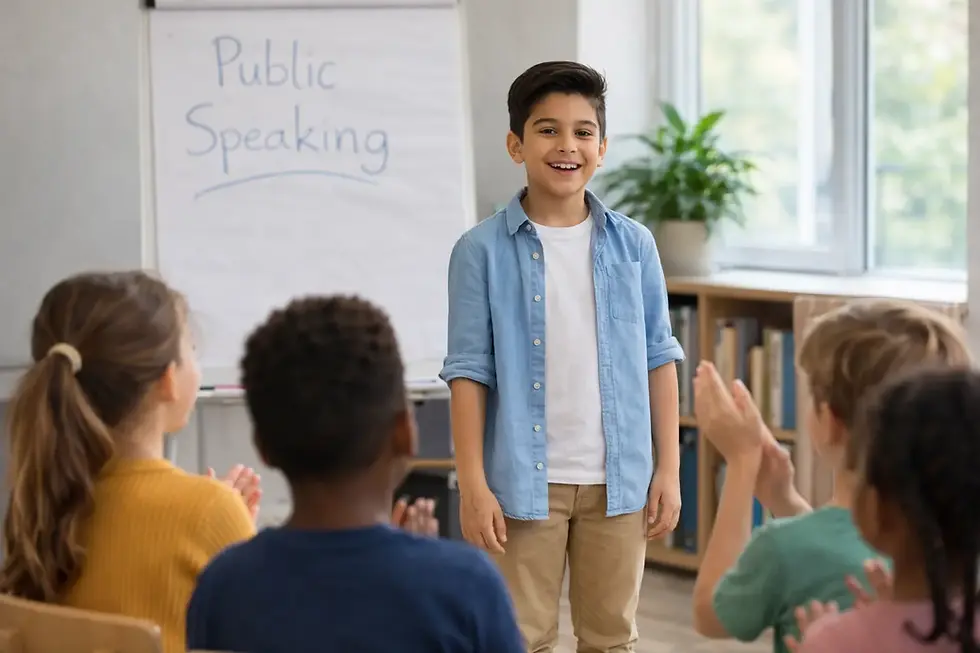 Child smiling after completing a presentation and receiving applause