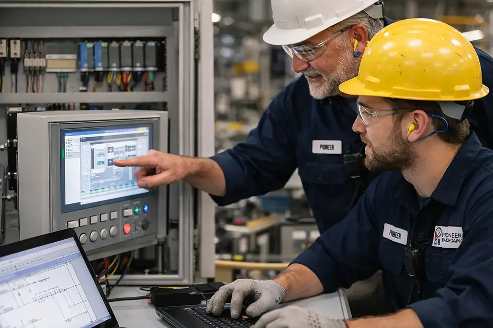 Senior technician training a junior employee on industrial automation control panel and PLC system in a manufacturing environment