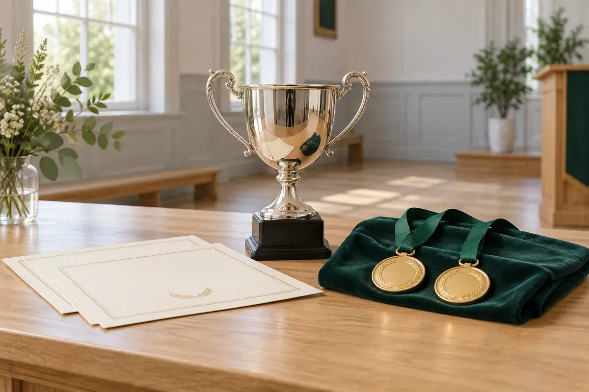 Trophy, medals and certificates arranged for an awards celebration.