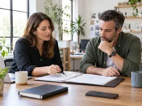 Two adult coworkers review an open project binder together at a studio table.