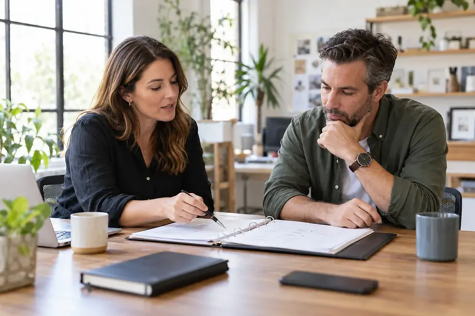 Two adult coworkers review an open project binder together at a studio table.