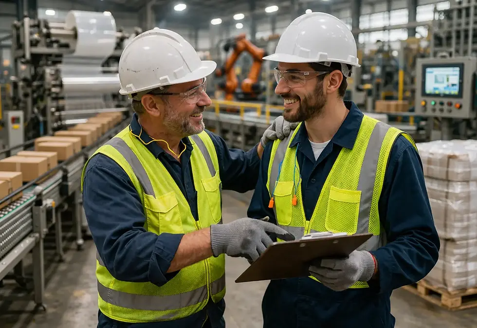 Experienced technician mentoring a younger worker on a factory floor, reviewing work together and building professional relationships in a manufacturing environment