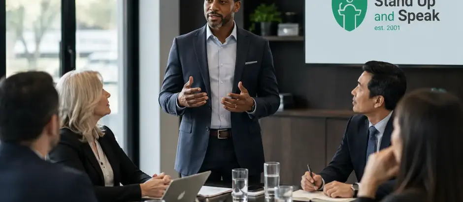 Business leader communicating clearly during a high-pressure workplace meeting
