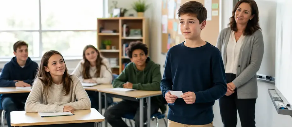 Child feeling nervous while speaking in class with supportive classmates