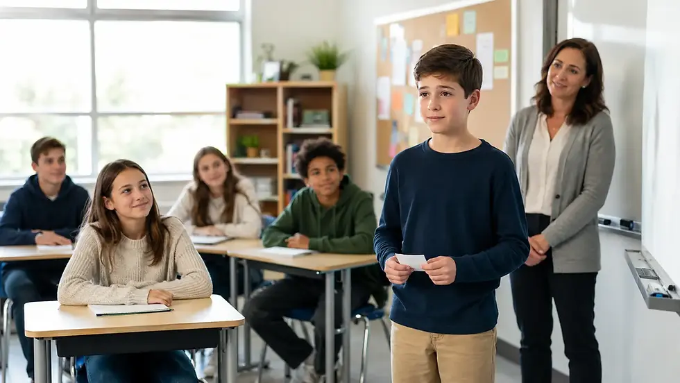 Child feeling nervous while speaking in class with supportive classmates