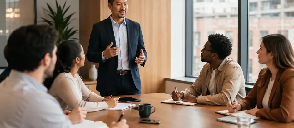 The manager clearly communicates expectations during a team meeting in a modern office