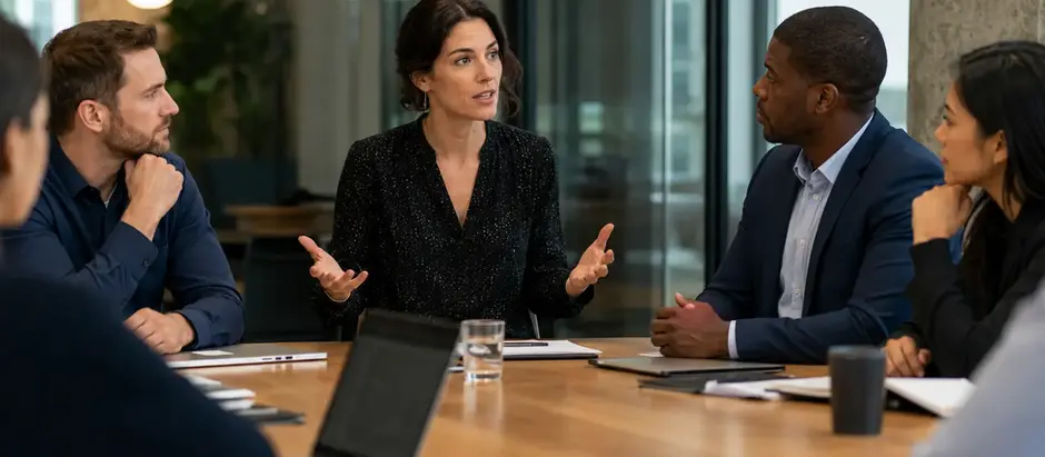 Professional answering a difficult question clearly in a business meeting