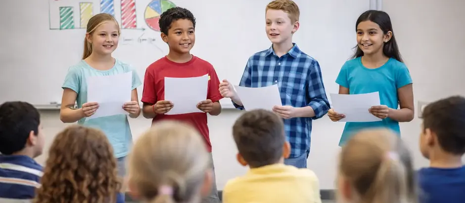 Children presenting confidently at a March Break public speaking camp in Mississauga.
