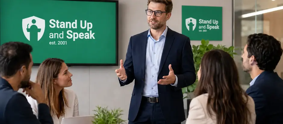 Business professional thinking on their feet during a confident workplace conversation