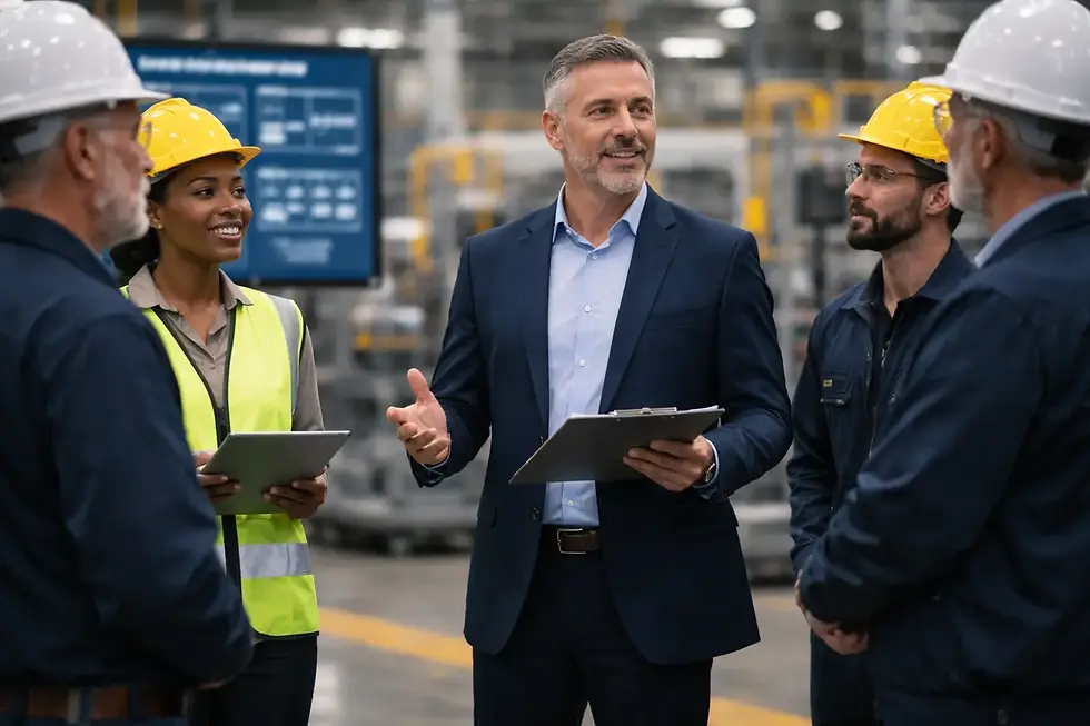 Vice President of Operations leading a team discussion on a manufacturing floor with supervisors and technicians