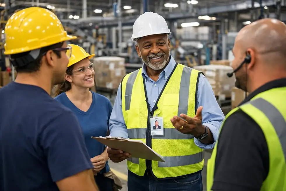 plant manager in a high-visibility safety vest and hard hat mentoring a small team of operators on a packaging production floor, holding a clipboard while discussing operations in a modern manufacturing facility.