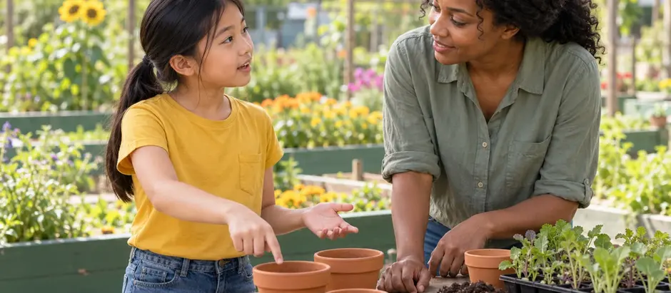 A child points to an empty plant pot while an adult listens at a community garden potting bench.