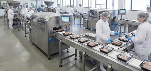 Workers in protective clothing inspect and package trays of prepared poultry on a clean, automated production line inside a hygienic food processing facility.