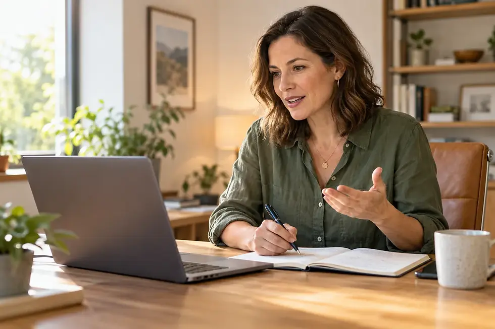 A woman gestures toward her laptop while holding a pen over an open notebook at a home-office desk.