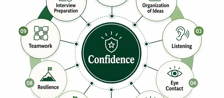 Infographic wheel titled “Top Skills Built Through Public Speaking” with Confidence at the center, surrounded by 10 skills: clear speaking, organization of ideas, listening, eye contact, critical thinking, presentation skills, leadership, resilience, teamwork, and interview preparation.