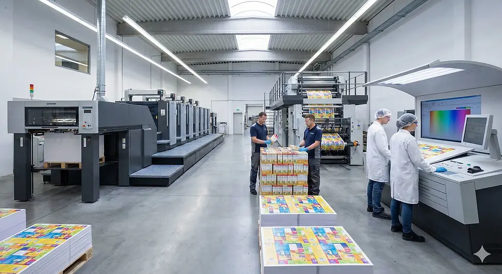 Paper and paperboard packaging production line in a manufacturing facility