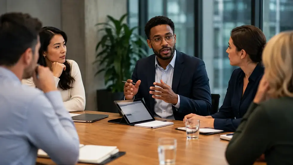 Professional using structure to answer questions clearly in a workplace meeting