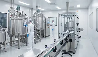 Pharmaceutical cleanroom with technicians operating stainless steel tanks and automated vial filling equipment.