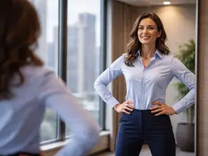 Public speaker practicing a power pose in front of a mirror to build confidence before presenting.